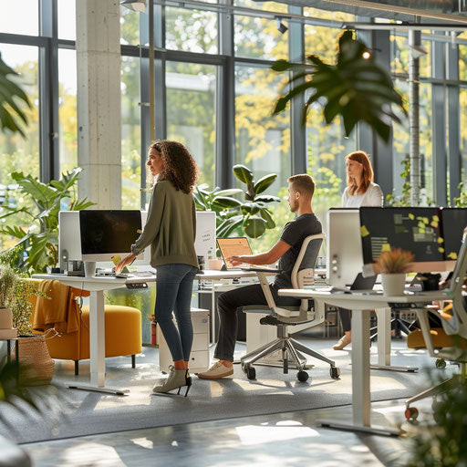 Productive office environment with employees collaborating at standing desks, bright and airy space