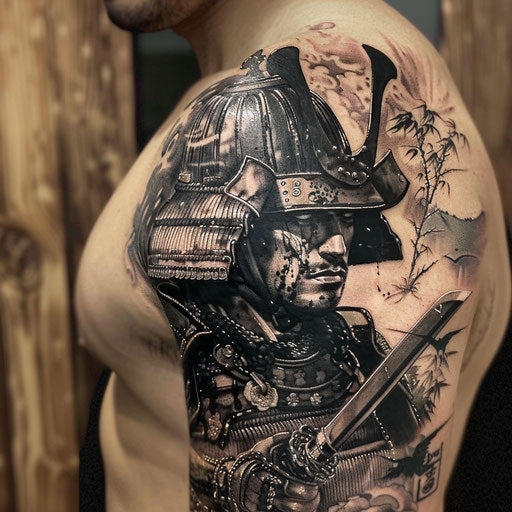Realism tattoos of a samurai warrior on the upper arm