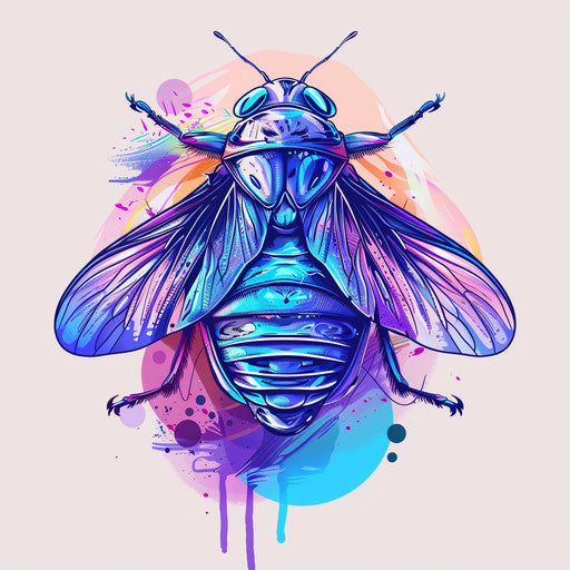 Dynamic tattoo sketch of a cicada with bright blue and purple hues in a flat, clipart style