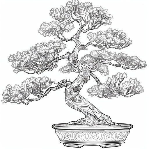 Bonsai tree with detailed branches and textured leaves