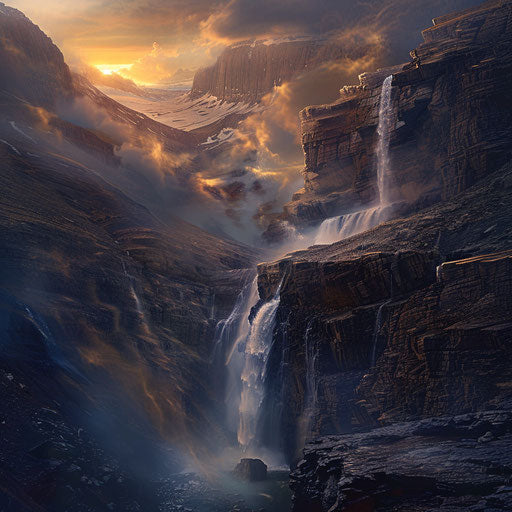 Waterfall with rugged terrain and moody atmosphere