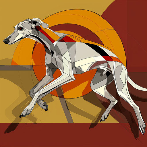 Art Deco inspired clipart style tattoo sketch of a sleek greyhound in motion
