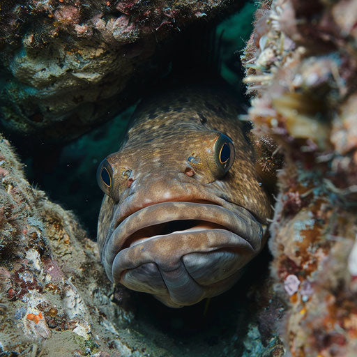 The face of a Warsaw grouper behind a large ancient underwater rock formation