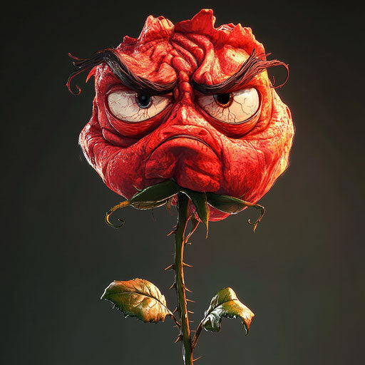 Humorous caricature of a red rose with human characteristics