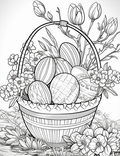 Easter egg basket coloring page, characterful pen and ink style