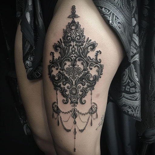 Victorian lace thigh tattoo in the style of J.P. Targete