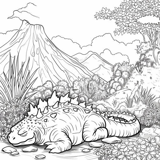 Godzilla peacefully sleeps next to a volcano