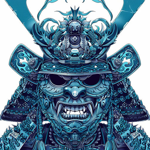 Japanese samurai head in technological symmetry