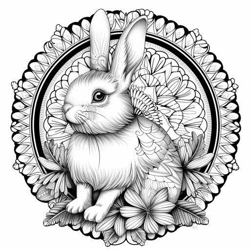 Detailed mandala with intricate bunny in center. Coloring page