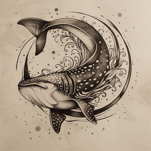 Dynamic sketch of a whale shark with abstract, swirling ocean currents