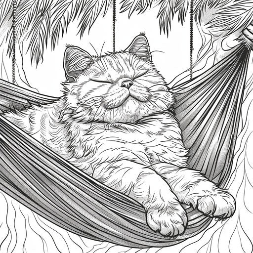 Detailed illustration of a cat lounging in a hammock