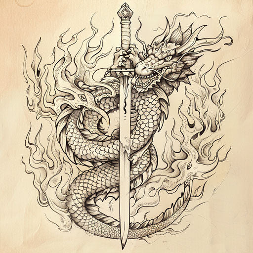 Tattoo sketch of a dragon wrapped around a sword, with scales and flames, in clipart style, flat black ink
