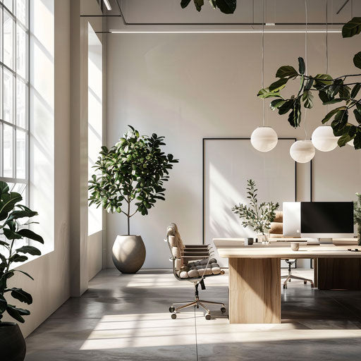Serene office space with plants, natural light, and modern Scandinavian furniture