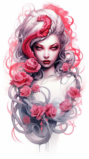Woman with white roses, supernatural creatures style