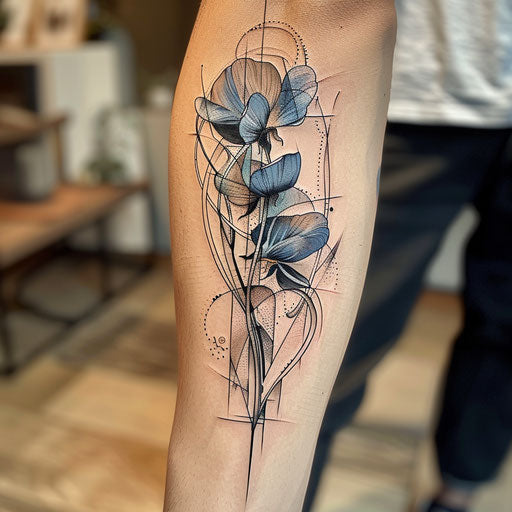 Cubist inspired tattoo sketch of a sweet pea with fragmented forms and a palette of cool blues and greys
