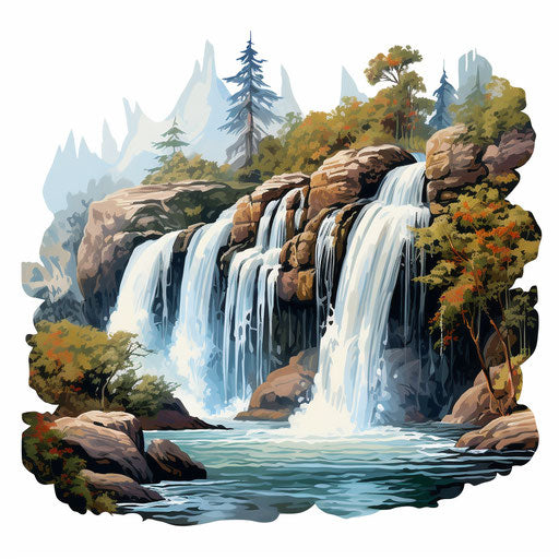 Waterfall clipart in the style of Oil painting, on a white background