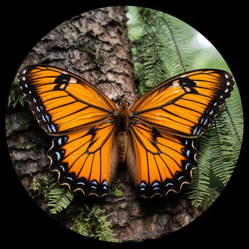 Orange butterfly near forest, infused symbolism, c-mount lens