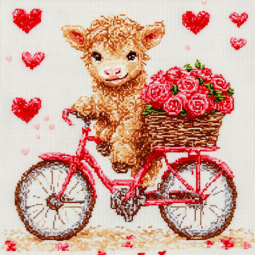Adorable Highland calf on a red bike with basket of roses, surrounded by hearts and flowers in Valentine's Day cross-stitch style.