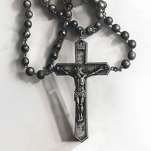 Realistic rendering of a rosary tattoo capturing the texture of beads and metal of the cross on a white background