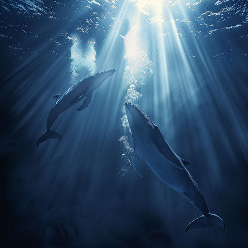 Whales diving deep with rays of sunlight filtering through