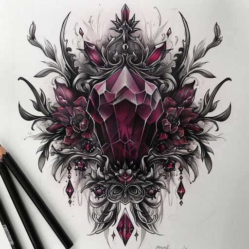 Gothic flat tattoo sketch of a dark crystal with ornate details