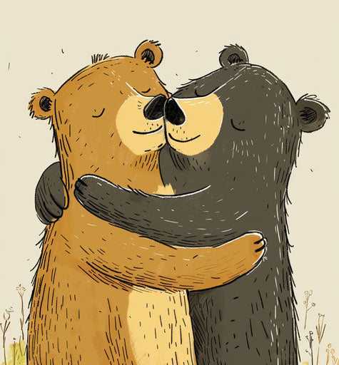 Two big bears hugging as reads have you been hugged today, in the style of exaggerated caricatures, gold and amber, humble charm, avocadopunk, underexposure, happenings, hinchel or 27:29
