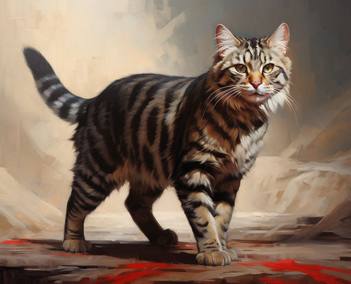 The bobtail cat walking on a white background with red stripes, in the style of Kevin Hill, expansive, exaggerated features 31:25