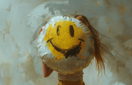 A girl carries an expression bubble cushion with a smiley face
