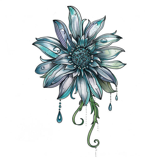 Tattoo sketch of a complex daisy with dewdrops, styled as a flat design, using shades of blue and green
