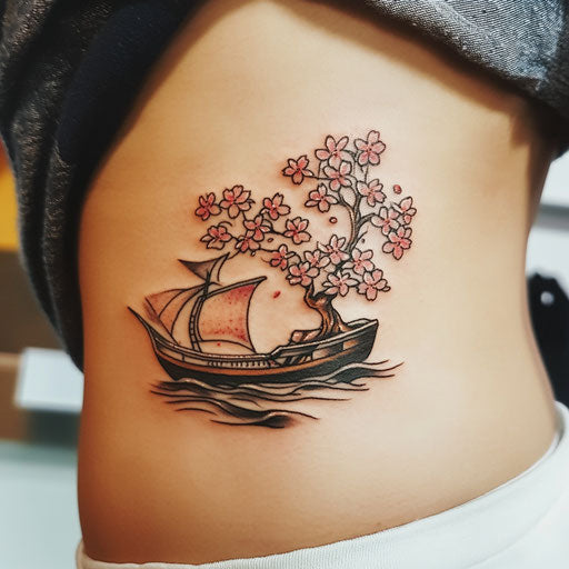 Cherry blossom tree tattoo in the style of Sailor Jerry with a traditional ship sailing through the blossoms on the ribcage