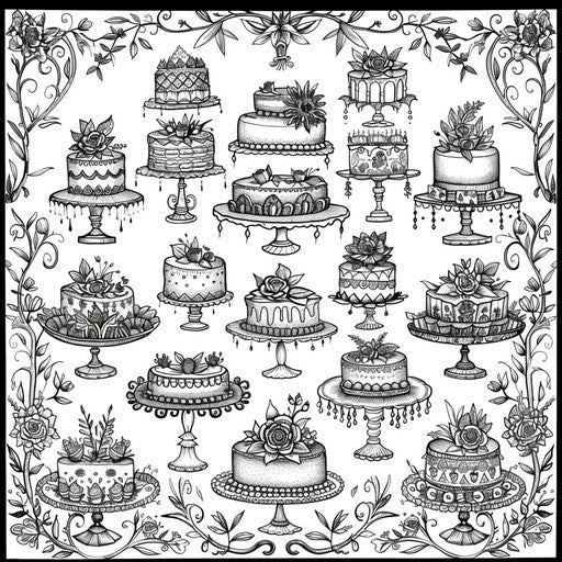 Intricate floral garden with whimsical cakes