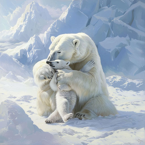 Polar bear cub playing with mother in snowy landscape