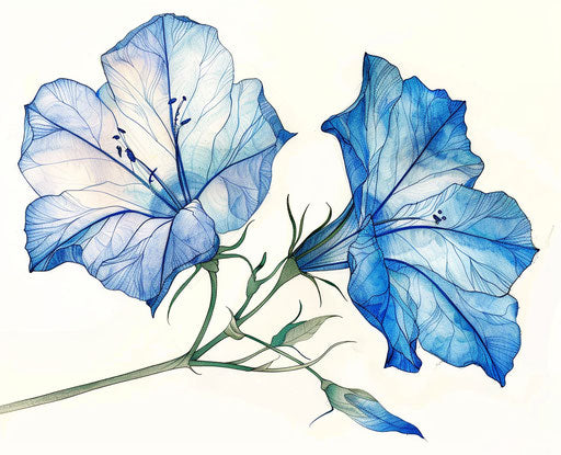 Blue flowers inked, art nouveau style, pseudo-realistic