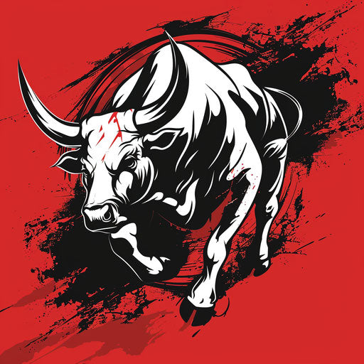 Bold bull sports logo in black and white, with a dynamic red background