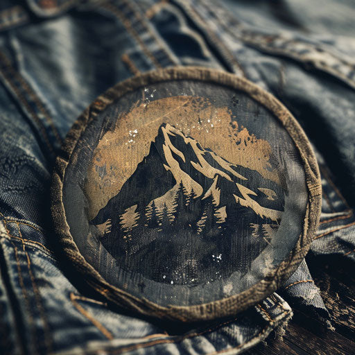 Vintage logo for a clothing brand with a distressed fabric background, muted colors