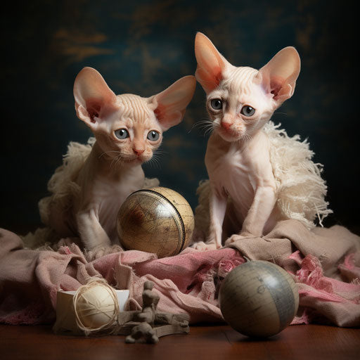 Kittens playing with a Devon Rex cat
