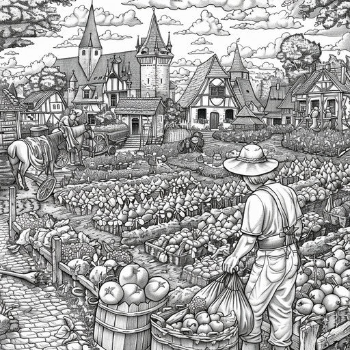 The Parable of the Sower with a detailed market scene in the background, Stephen Wiltshire style, coloring book page