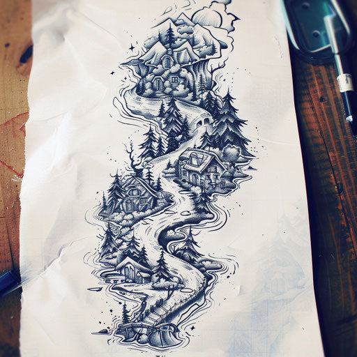 Intricate flat tattoo sketch with a riverside village and winding paths