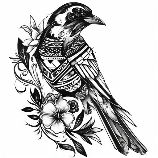 Exotic flat tattoo sketch of a magpie adorned with traditional Polynesian patterns