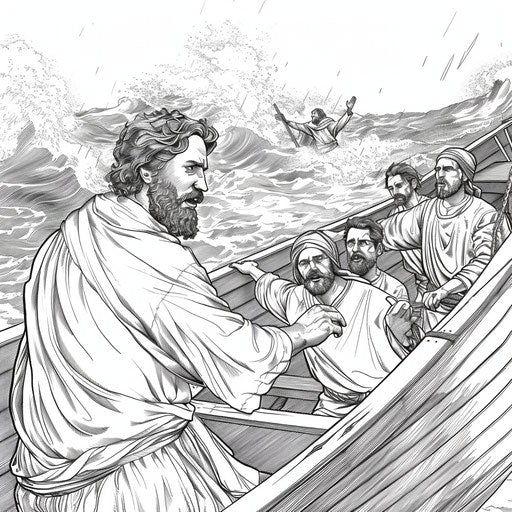 Jesus calms the storm with disciples in awe