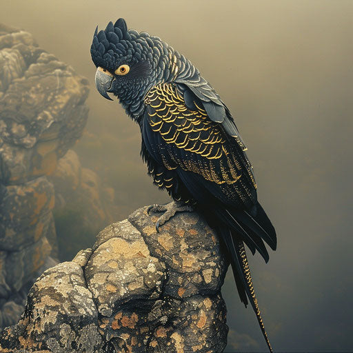 Black cockatoo with yellow tail perched on cliff
