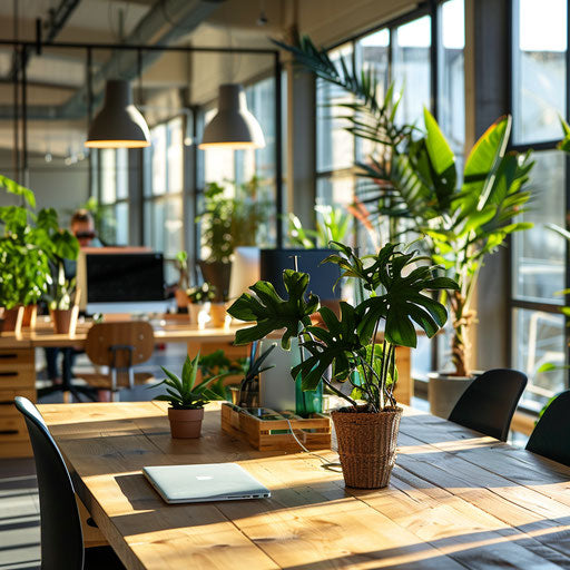 Creating contemporary business images emphasizing sustainability in a green office