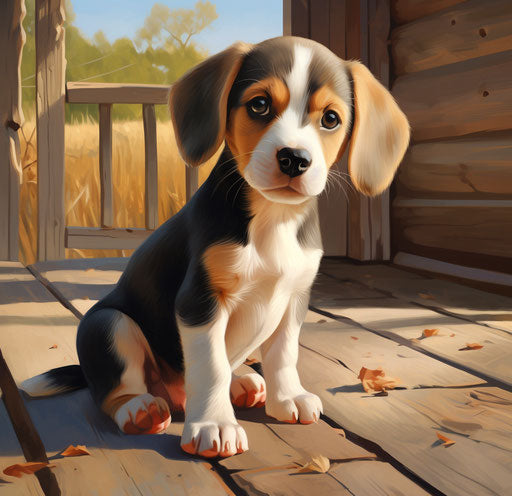 Beagle puppy on the porch, dark navy and light brown style