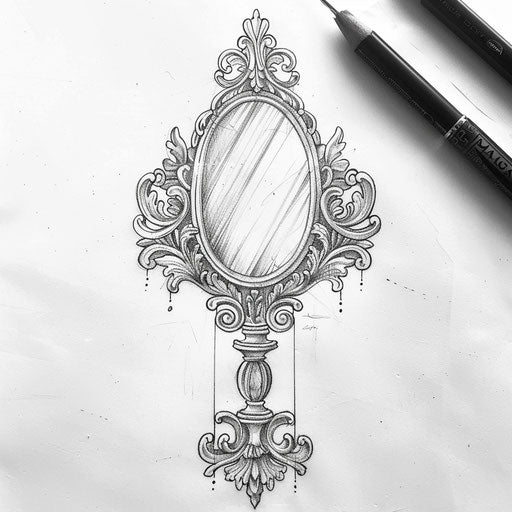 Elegant sketch of a flat tattoo of an ornate barber mirror