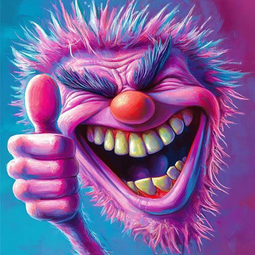 Humorous caricature of a laughing human-like clipart, exaggerated features, big feet, neon colors