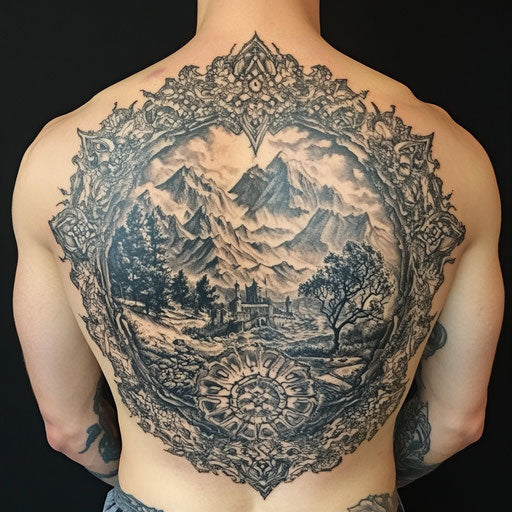 Mandala tattoo man with epic fantasy landscape