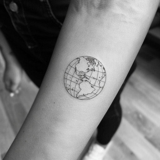 Minimalistic flat tattoo sketch of a globe in black on light grey