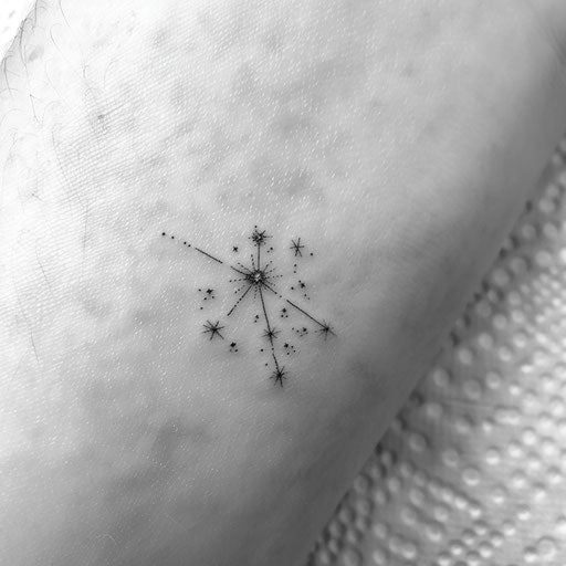 Small constellation tattoo design with stars connected by thin lines, displayed on a white background.