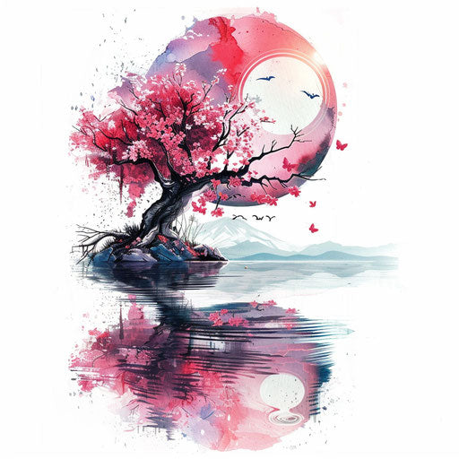 Anime landscape with serene lake and cherry blossoms, peaceful tattoo art on white background