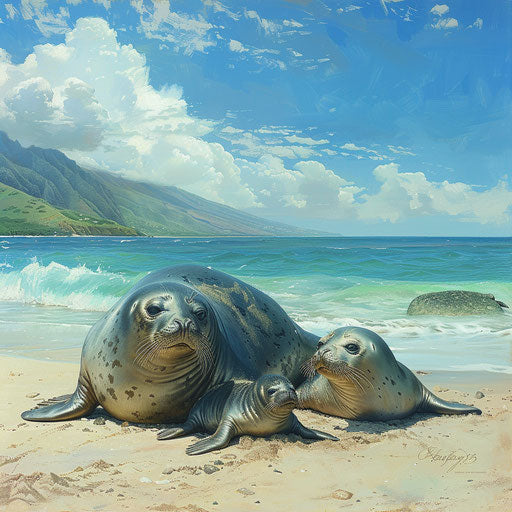 Hawaiian monk seal and pup on secluded beach